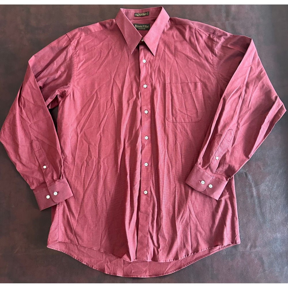 Roberto Villini Burgundy Red Cotton Dress Shirt Mens 16.5 34/35 Micro Check